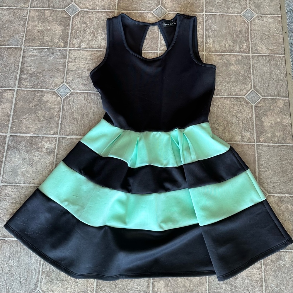 NWOT Crystal Doll Junior Dress Black/Mint Green Striped Easter, Spring, Summer